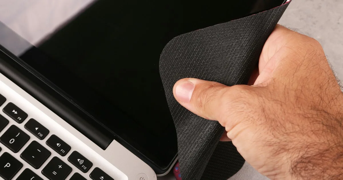 Hand wiping a keyboard with a soft cloth to clean it without damage