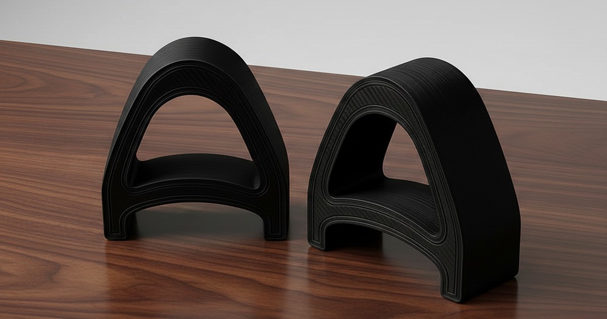 Pair of matte black KeyRiser feet showing the fixed 15 degree rear-lift profile on a wood desk