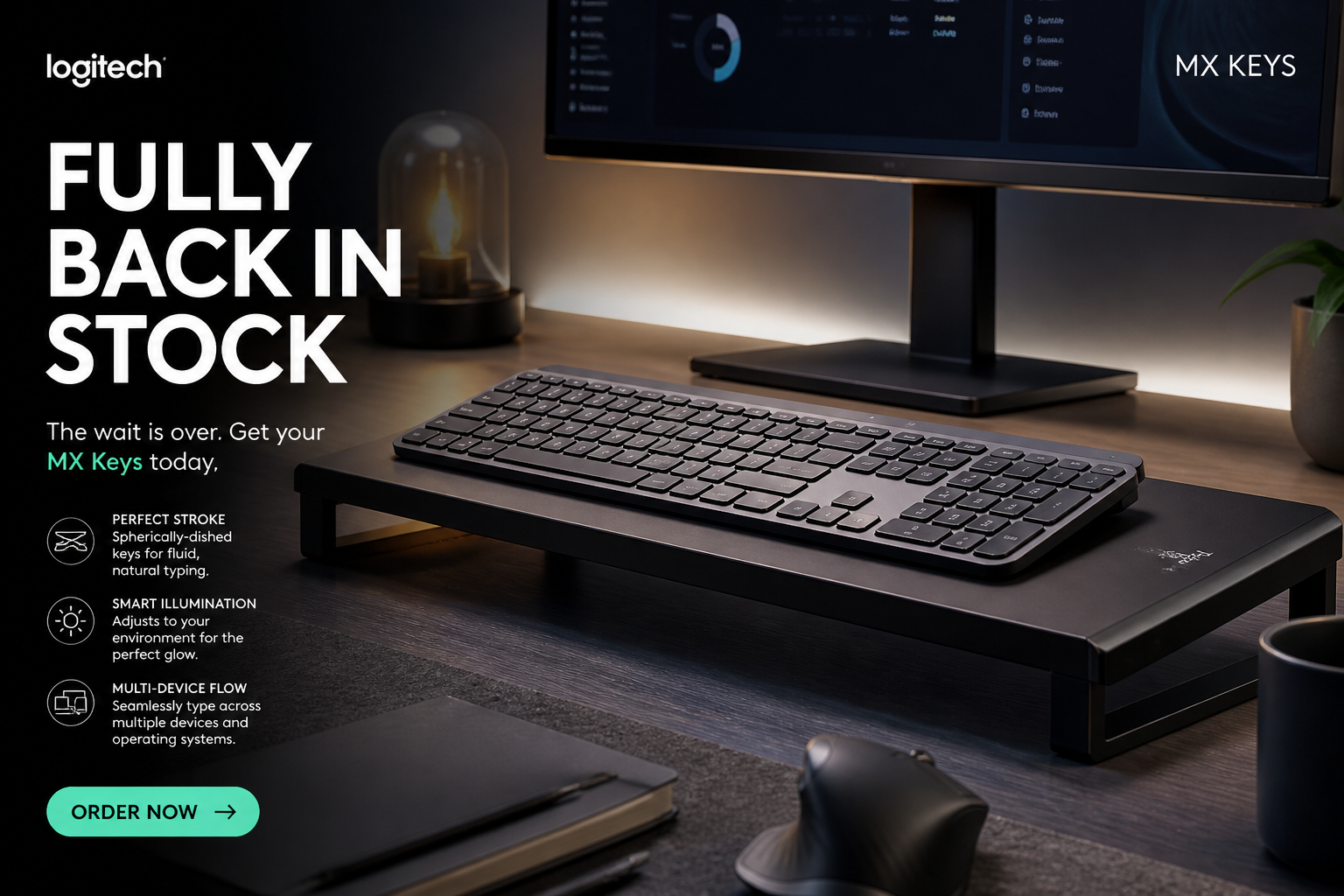 KeyRiser 已完成补货：现可在亚马逊购买 KeyRiser product hero shot for Logitech MX Keys keyboard riser restock - KeyRiser