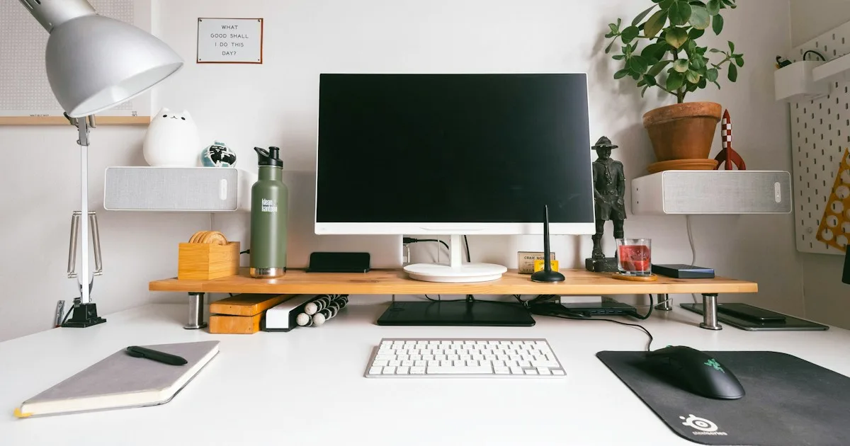 Home office desk with a keyboard set up for work, one of two desks that each need their own riser