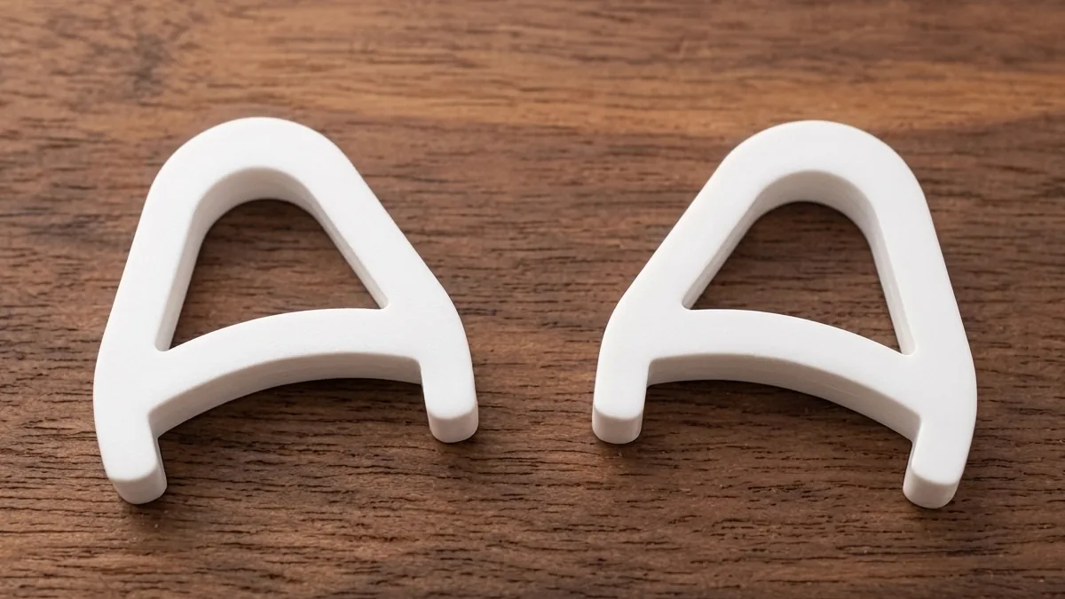 Two white KeyRiser riser pieces in the Arctic White finish side by side on a wooden desk