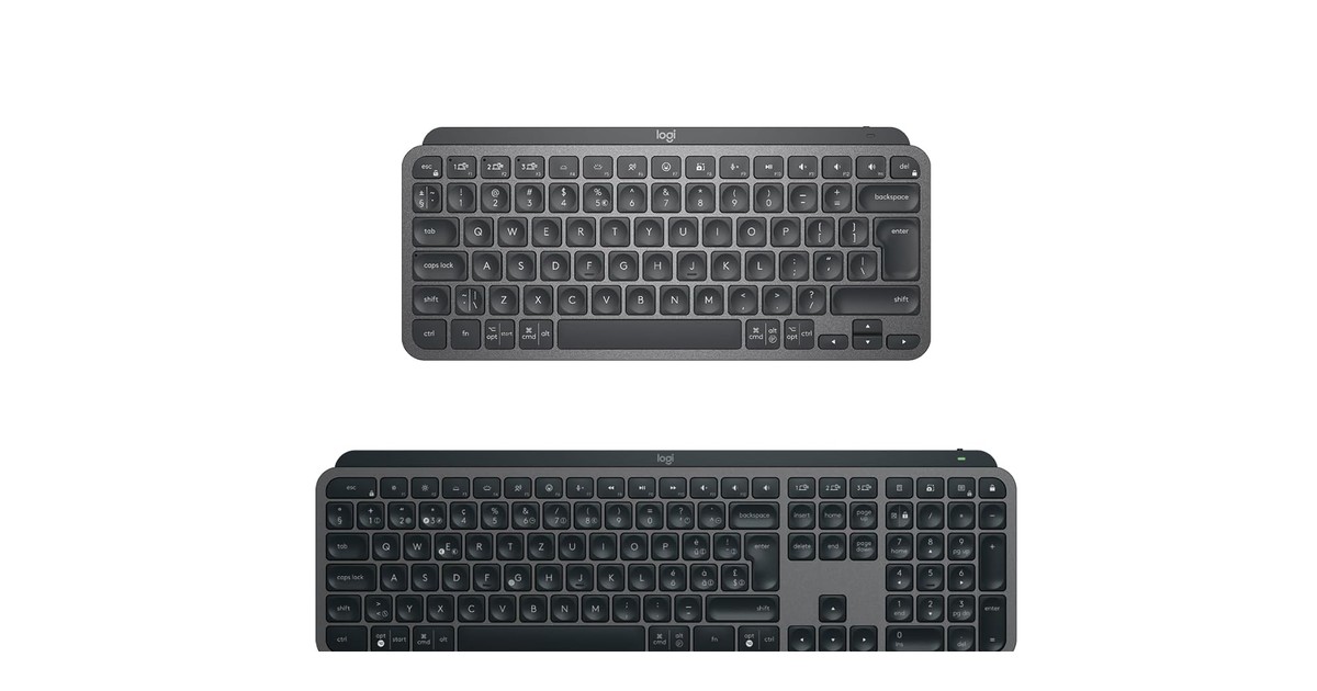 Logitech MX Keys Mini above a full-size MX Keys, the two chassis KeyRiser is made to fit