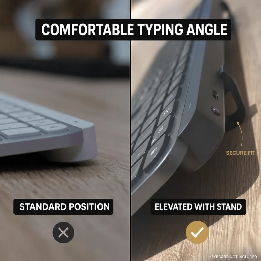 KeyRiser ergonomic keyboard riser for Logitech MX Keys showing a raised 15-degree typing angle
